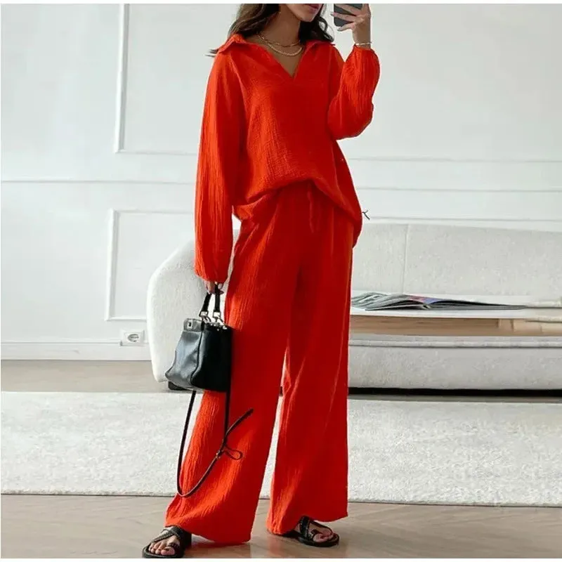 Znbbw Women's Pants Suit 2024 Spring Summer Solid Loose Long Sleeve Top Elastic Drawstring Wide Leg Trousers Chic Lady Home Pant Sets - Image 9