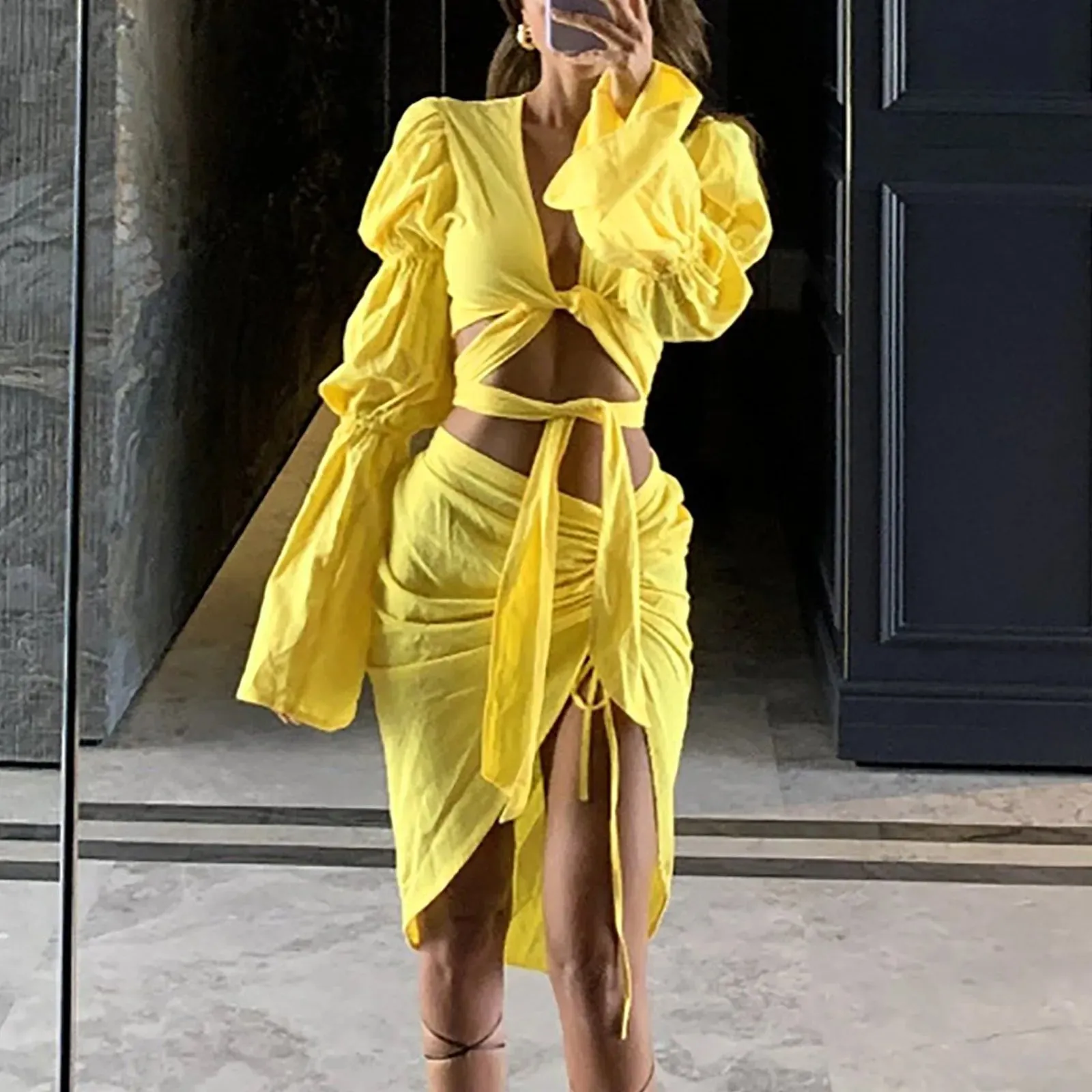 Znbbw Women's Fashion Cut Out Slit Waist Skirt With Lantern Long Sleeve V-Neck Top Sexy Bandage Evening Night Club Tight Dresses - Image 7