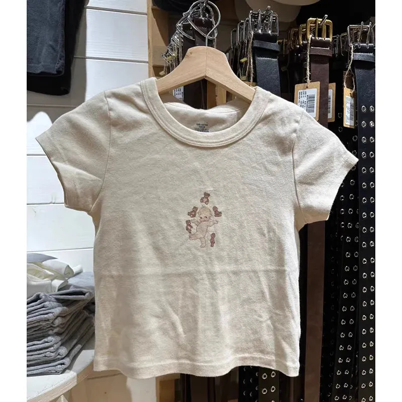 Znbbw Angel Print Slim Tees Women Summer O Neck Cotton Streetwear Short Sleeve Tees Beige Harajuku Vintage Cute Crop Top Y2k - Image 5