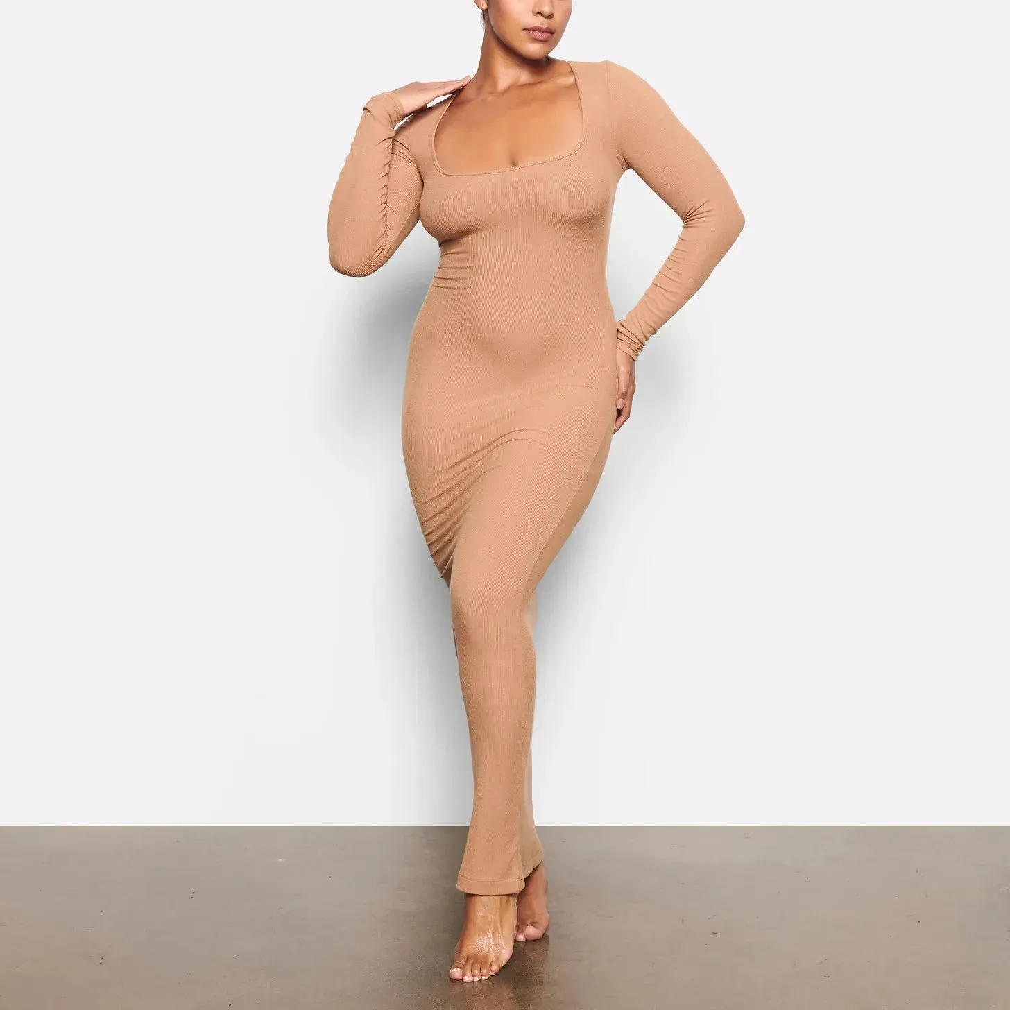 Znbbw Women Spring Dress Long Sleeve Plain Color Square Neck Tight Dress, Ladies Fall/Winter Stretchy Long Dresses - Image 4