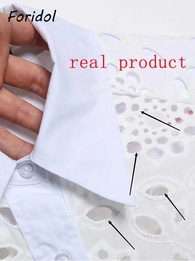 Znbbw Women Summer White Lace Dress Set Hollow Out Embroidery Shirt Skirt 2 Pcs Robe Outfits Single Breasting Cotton Maxi Dress - Image 5