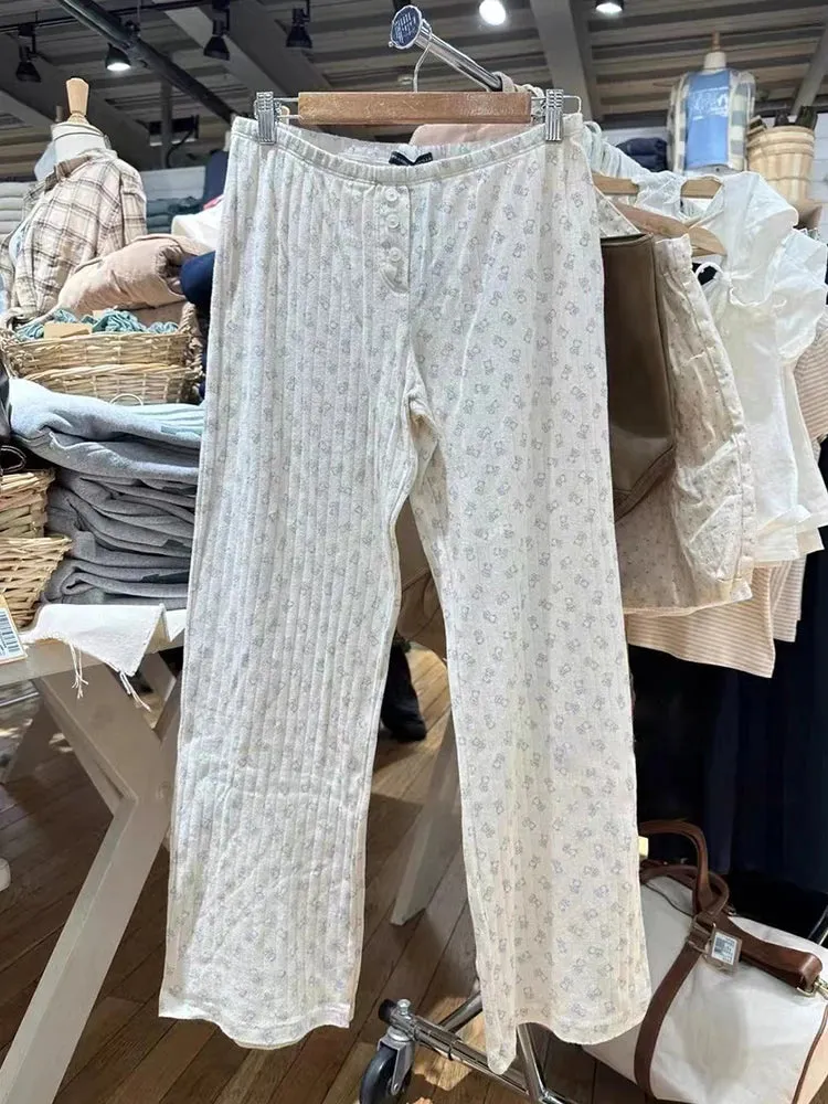 Znbbw Bear Print Eyelet Casual Long Pants Women Clothes Cotton Elastic Waist Home Trousers Vintage Cute Autumn Straight Pants - Image 5