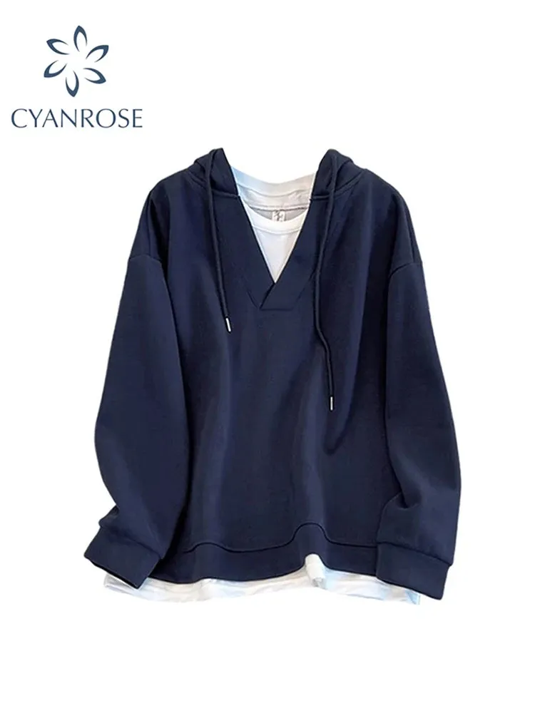 Znbbw Women's Patchwork Long Sleeve Blue Hoodies Pullover 90s Vintage Streetwear 2000s Korean Fashion Harajuku Sweatshirt Top Clothes