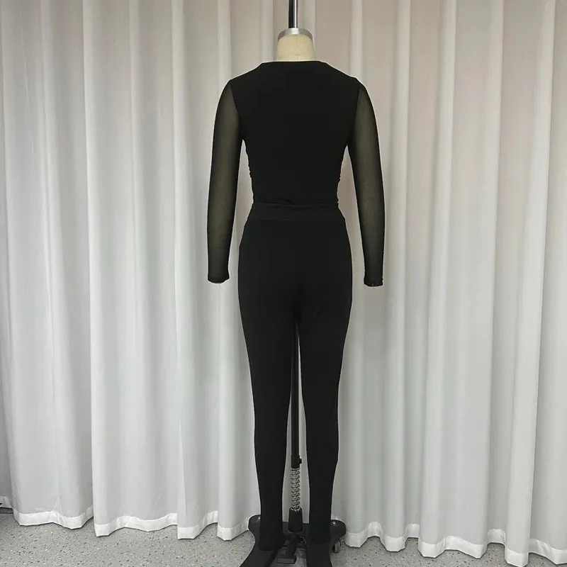 Znbbw Women Two Piece Set Autumn Winter Trasparent Sexy Patchwork O Neck Long Sleeve Top Solid Bodycon Pants Set Streetwear - Image 5