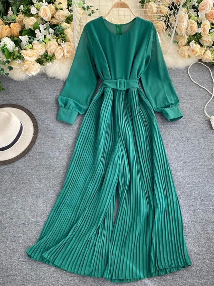 Znbbw Women's Spring Autumn Jumpsuit New Solid Color Round Neck Long-sleeved Pleated Wide-leg Pants Lace Up Thin Jumpsuit LL061 - Image 2