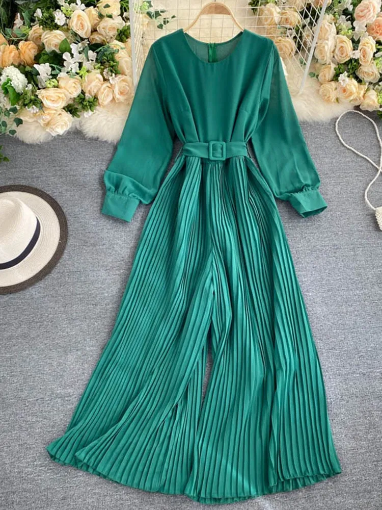 Znbbw Women's Spring Autumn Jumpsuit New Solid Color Round Neck Long-sleeved Pleated Wide-leg Pants Lace Up Thin Jumpsuit LL061 - Image 2