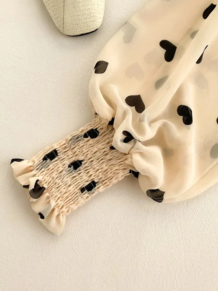 Znbbw Women's Love Print Chiffon Shirt Top Spring Autumn V-neck Puff Sleeve Elastic Waist Double-layer Ruffled Tops and Blouses ML702 - Image 4