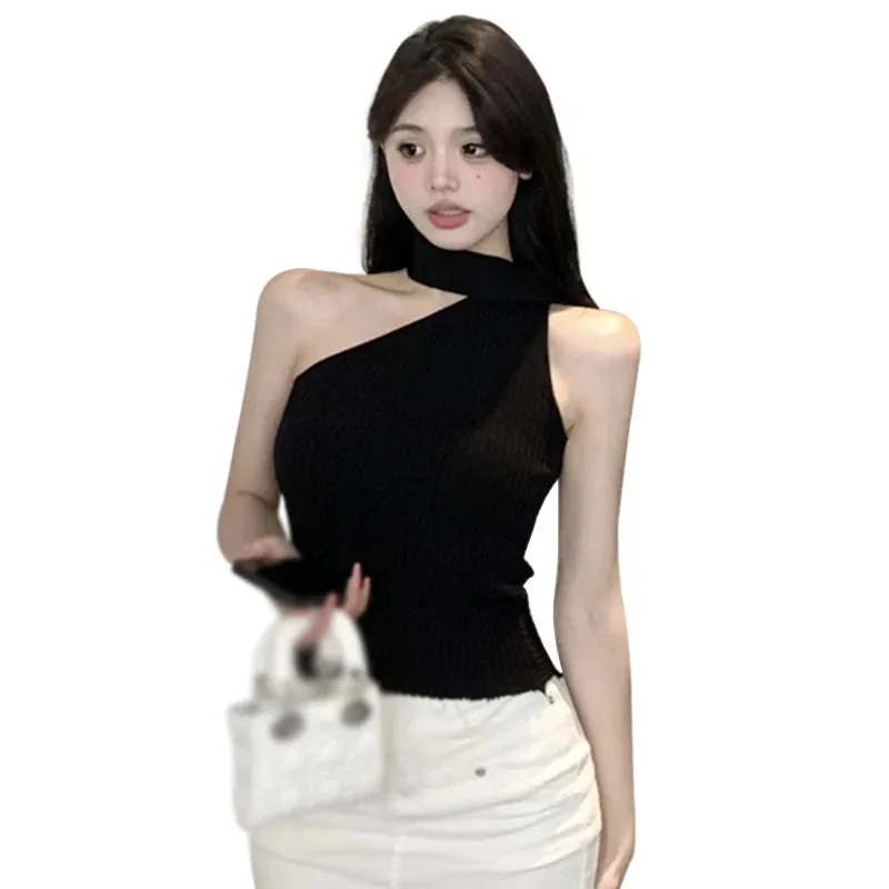 Znbbw Women's Crop Top Korean Summer Shoulder Hanging Neck Slim Fit Versatile Knitted Sleeveless Suspended Tank Top - Image 5