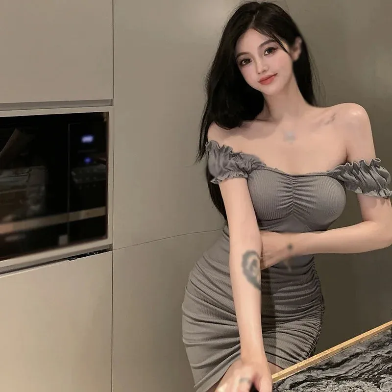 Znbbw Women's Korean Edition Dress Summer One Line Neck Slim Fit Drawstring Bubble Sleeve Sexy Short Sleeve Dress - Image 6