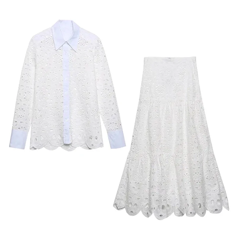 Znbbw Women Summer White Lace Dress Set Hollow Out Embroidery Shirt Skirt 2 Pcs Robe Outfits Single Breasting Cotton Maxi Dress - Image 7