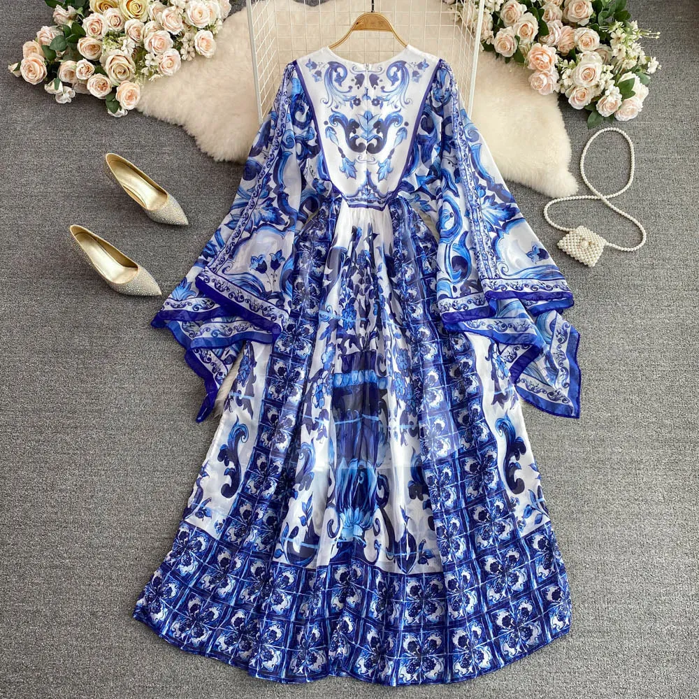 Znbbw Dress Women Batwing Sleeve Blue and White Porcelain Printing Bohemian Vacation Fashion Designer Summer Dresses Faldas 2023 - Image 2