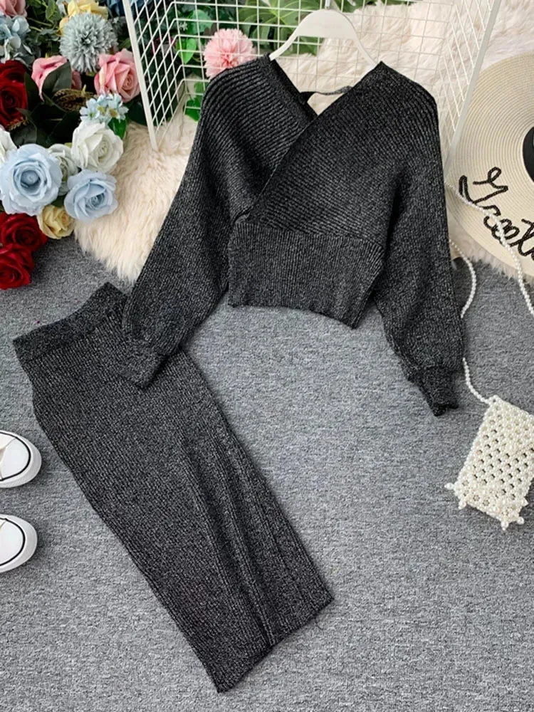 Znbbw Women's High Waist Bright Silk Knit Bag Hip Skirt Two-piece Fashion V-neck Sweater Bat Sleeve Two-piece Women's Sets GD123 - Image 4