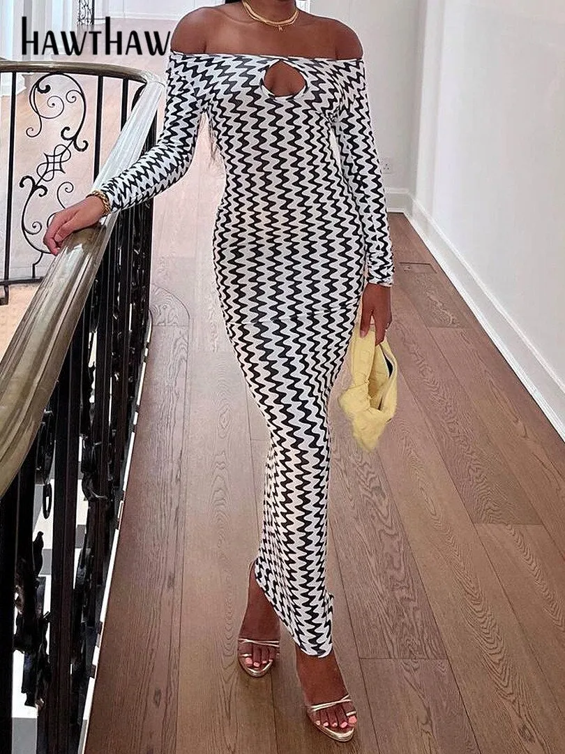 Znbbw Women Long Sleeve Striped Bodycon Streetwear Black Long Dress 2023 Fall Autumn Clothes Wholesale Items For Business - Image 2