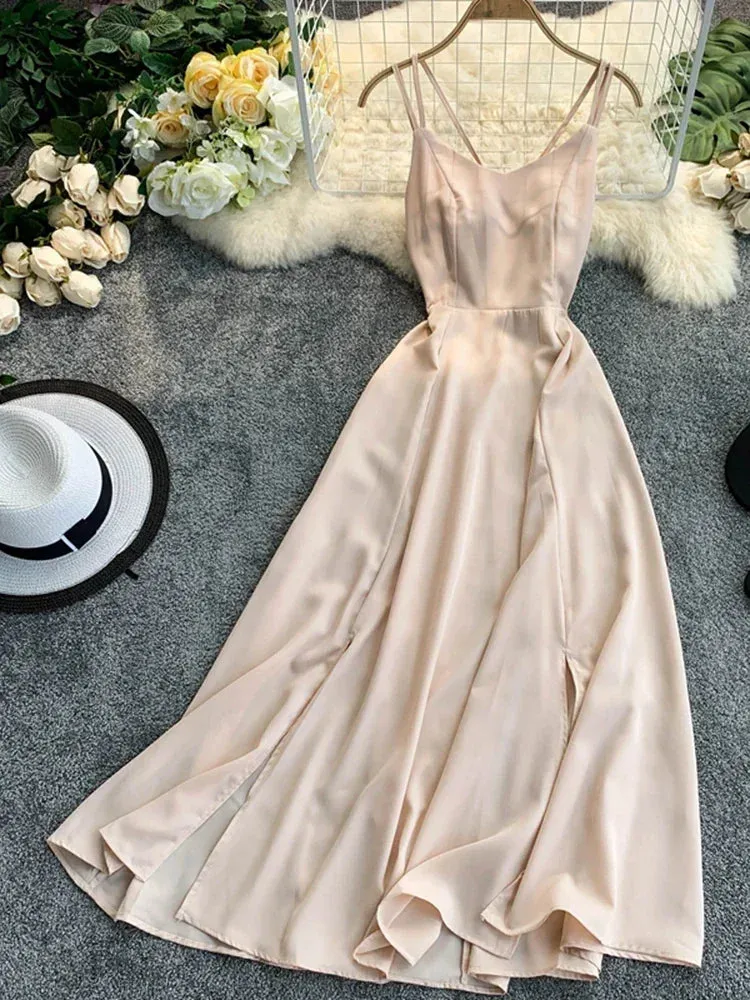 Znbbw Women's Holiday Long Dress Cross Sling Backless Solid Color Dress Beach Style Sexy Split Swing Dress Women Purple Dreess GD356 - Image 5