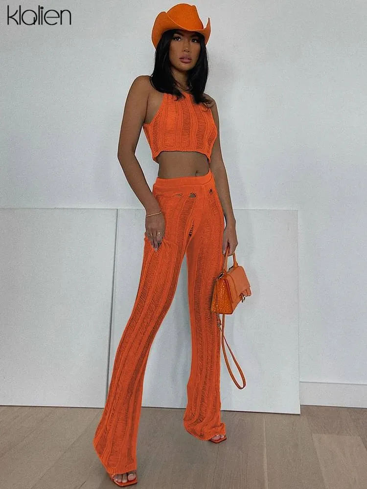 Znbbw Women Tracksuit Fashion Sexy See Through Crop Top and Flare Pants Two Piece Set Female Streetwear Y2K Activewear Suit - Image 7