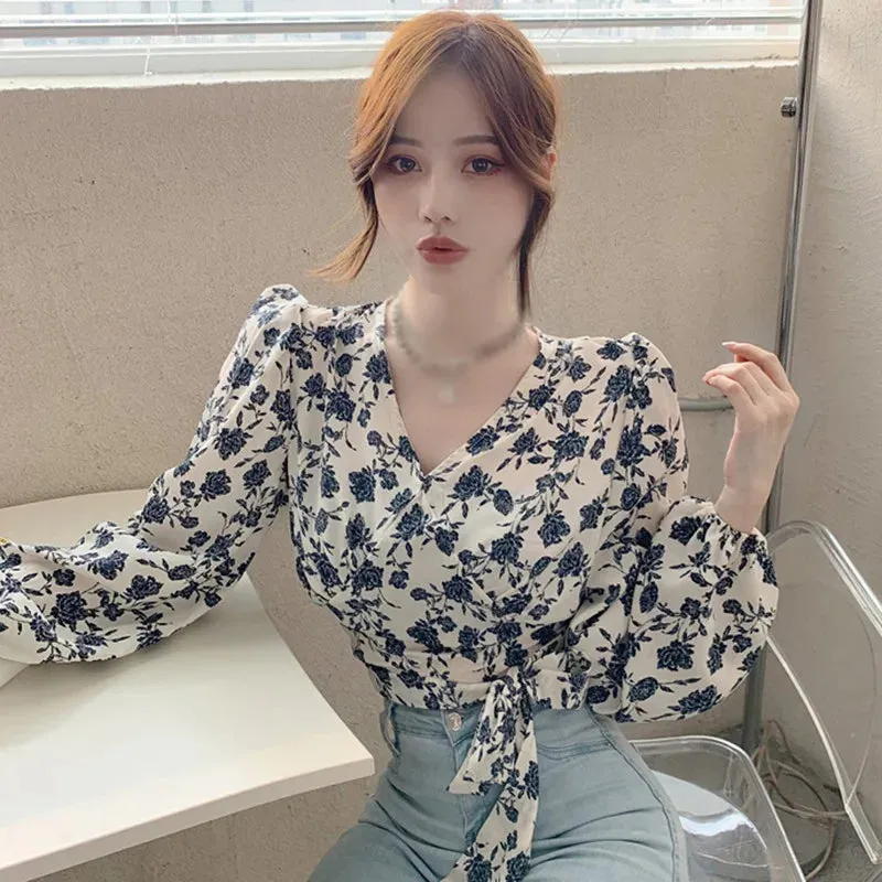 Znbbw Women's Floral Print Blouse V Neck Lace Exposed Navel Long Sleeves Chiffon Shirts Tops - Image 4