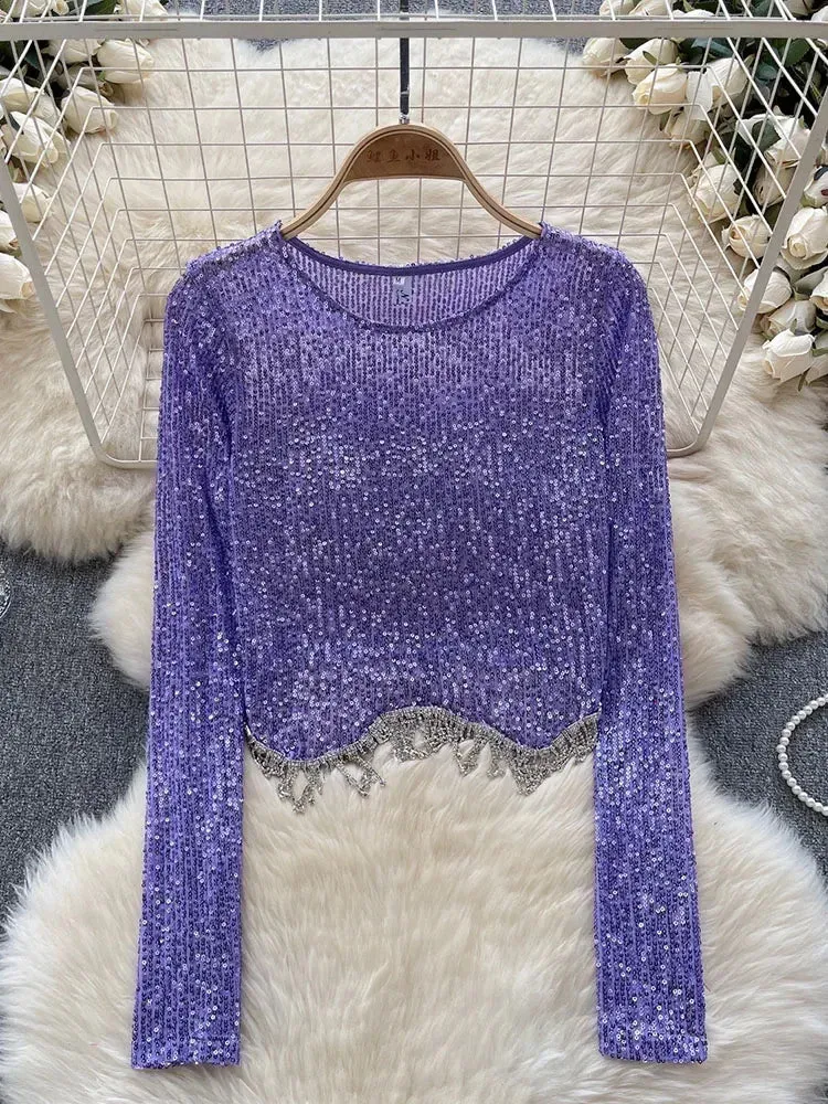 Znbbw Women Spring Autumn Blouse European American Top Design Sense Niche Sequin Base Shirt High-end Tassel Light Luxury Top D5352 - Image 5