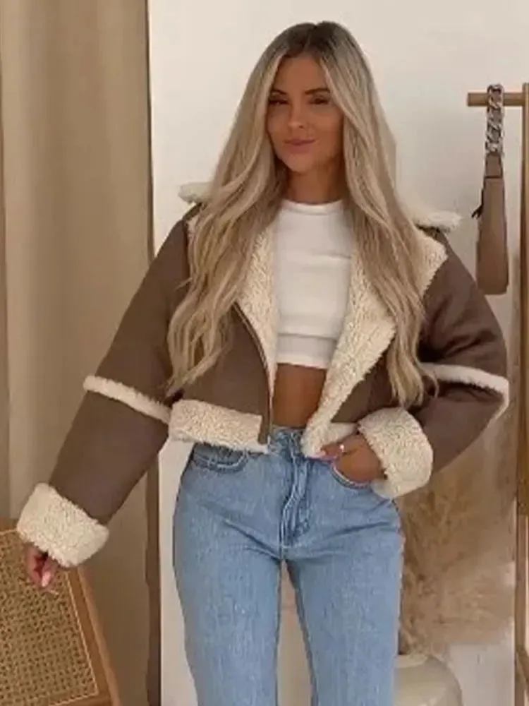 Znbbw Wool Patchwork Lapel Long Sleeved Warm Jacket Casual Fashion Women's Cropped Jacket 2023 Autumn/Winter Lady Thick Outwear - Image 2