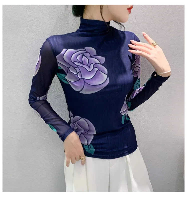 Znbbw Women's Fashion Autumn Spring Long Sleeve Turtleneck Mesh T-shirt Women's Positioning Printing Flowers TShirts - Image 2