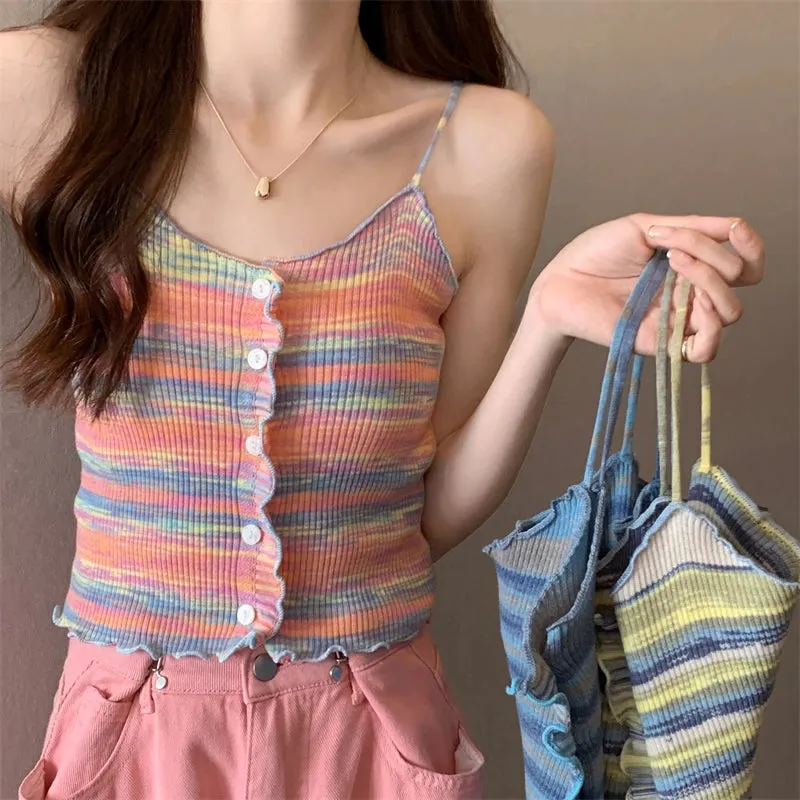 Znbbw Women Fungus Buttons Cropped Tanks Tops Girls Knitted Sweet Chic Slim Thin Tee shirts Camis Crop Top for Female Summer