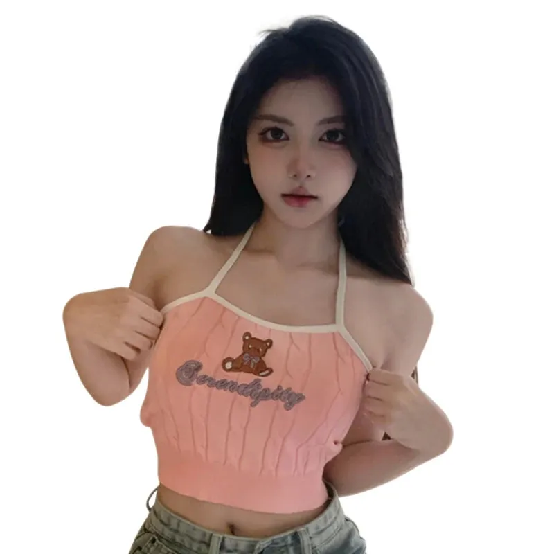 Znbbw Women's Camisole Letter Bear Embroidery Knitted Tank Top Korean Version Camisole - Image 8