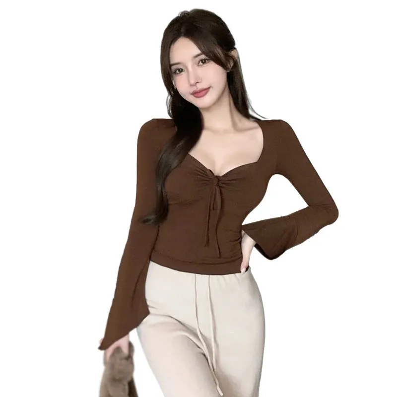 Znbbw Women's T-shirt Solid Square Neck Slim Fit Sexy Slim Fit Sweet Spicy Long Sleeve T-shirt Short Top - Image 7