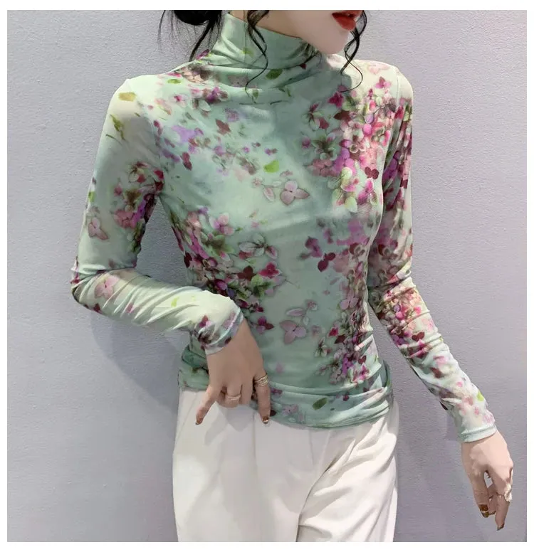 Znbbw Autumn Winter Thick Mesh T Shirt Women Turtleneck Full Sleeve Printed Flowers Base Tees Female Sweet T-shirts FF6617 - Image 2