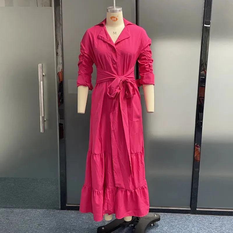 Znbbw Women Maxi Dress Fashion Elegant Long Sleeve Lapel Lace Up Nipped Waist Pleated Solid Color Dresses High Streetwear - Image 3