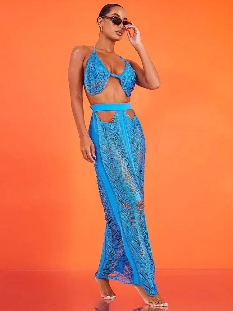 Znbbw 2023 Summer Knitted Hollow Out Sexy 2/Two Piece Skirt Sets Plus Size Women Outfits Holiday Beach Crop Top And Skirt - Image 2