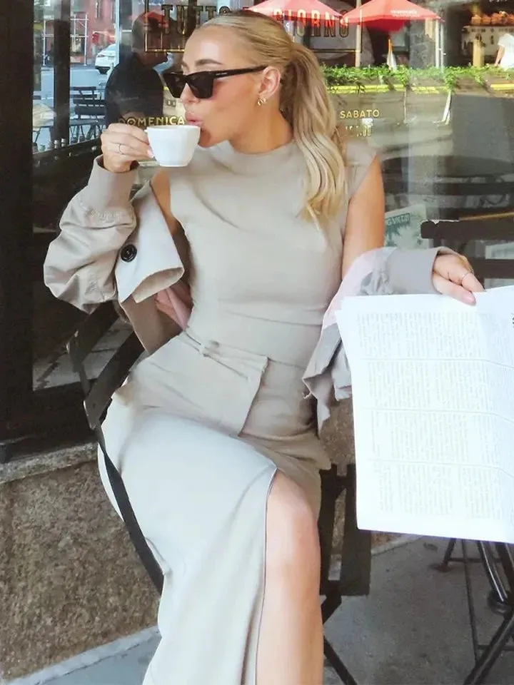 Znbbw 2 Piece Sets Women Outfit 2024 Spring Summer Chic Solid Slim O-neck Top High Waist Pocket Split Skirts Lady Skirt Set - Image 3