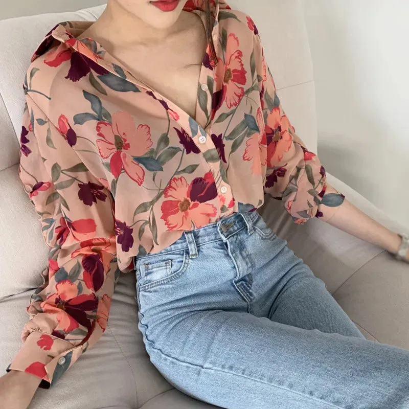 Znbbw Women's Chiffon Shirt Floral Print V-Neck Long Sleeve Fashion Cozy Loose Blouse - Image 2