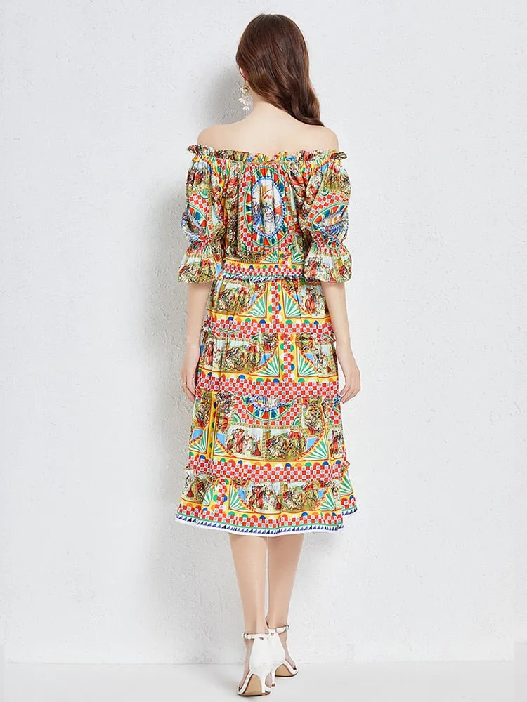 Znbbw 2023 Summer Runway Women Slash Neck Flare Sleeve Elastic Waist Flowers Figure Print Elegant Beach Midi Dresses N253 - Image 2