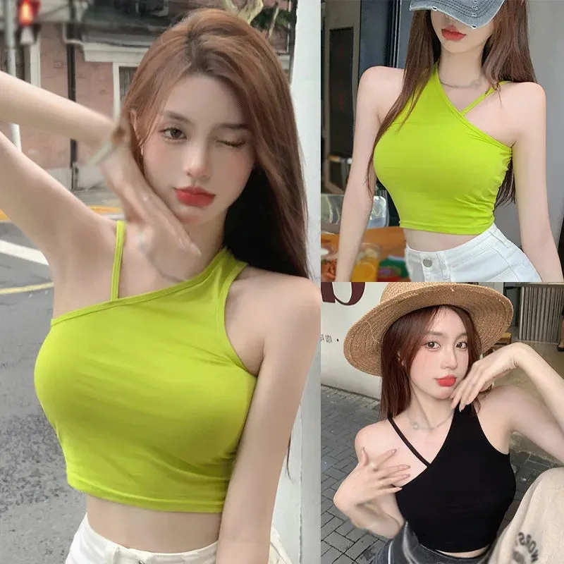 Znbbw Women's Vest Slanted Shoulder Navel Short Style Halter Neck Solid Color Camisole - Image 3