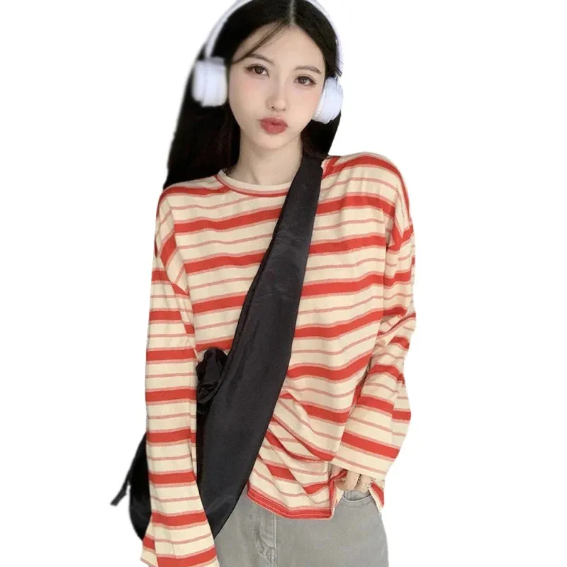 Znbbw Women's Casual Top Spring Autumn Stripe Contrast Long Sleeves T-Shirt - Image 3
