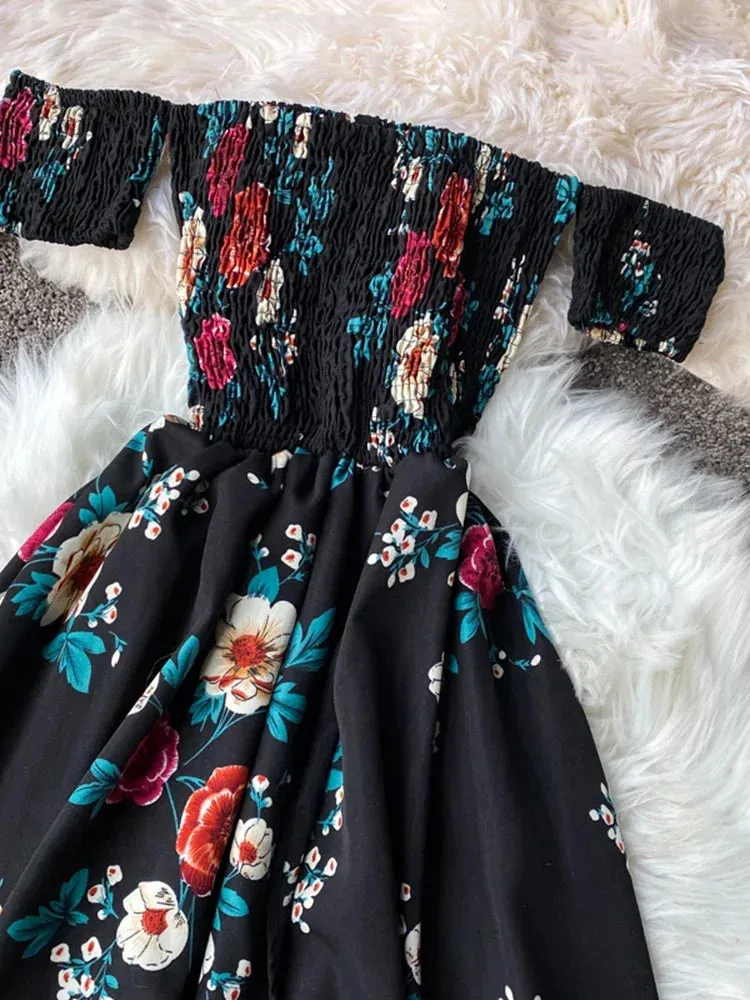 Znbbw Women's Irregular Slit Print Floral Long Dress One-way Neck Strapless Chest Wrap Short Sleeve Dresses LL006 - Image 4