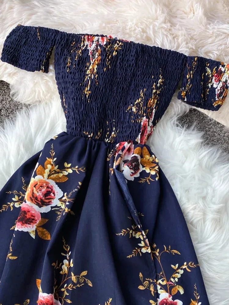 Znbbw Women's Irregular Slit Print Floral Long Dress One-way Neck Strapless Chest Wrap Short Sleeve Dresses LL006 - Image 6