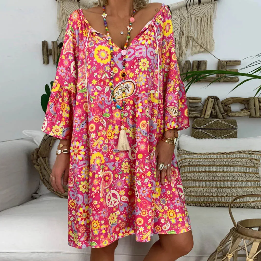 Znbbw Women's Vintage Retro Loose Floral Mini Dress Tropical Boho Print Floral Beach Dress Three Quarter Sleeve S-5XL Large Size Dress - Image 4