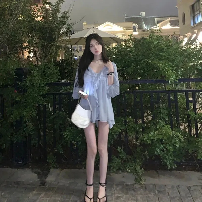 Znbbw Autumn Sweet Elegant Chiffon Blouse Women Blue Casual Korean Fashion Blouse Female Ruffle High Street Designer Clothing New - Image 6