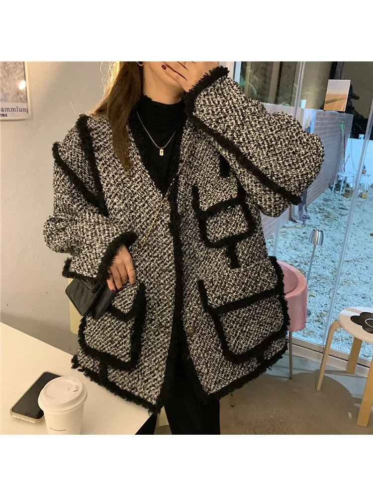 znbbw Women Woolen Tweed Coat 2023 Autumn Winter  Korean Style Sashes Waist Retro Vintage Gray Big Turn Down Collar Thicke Wool Coat - Image 5