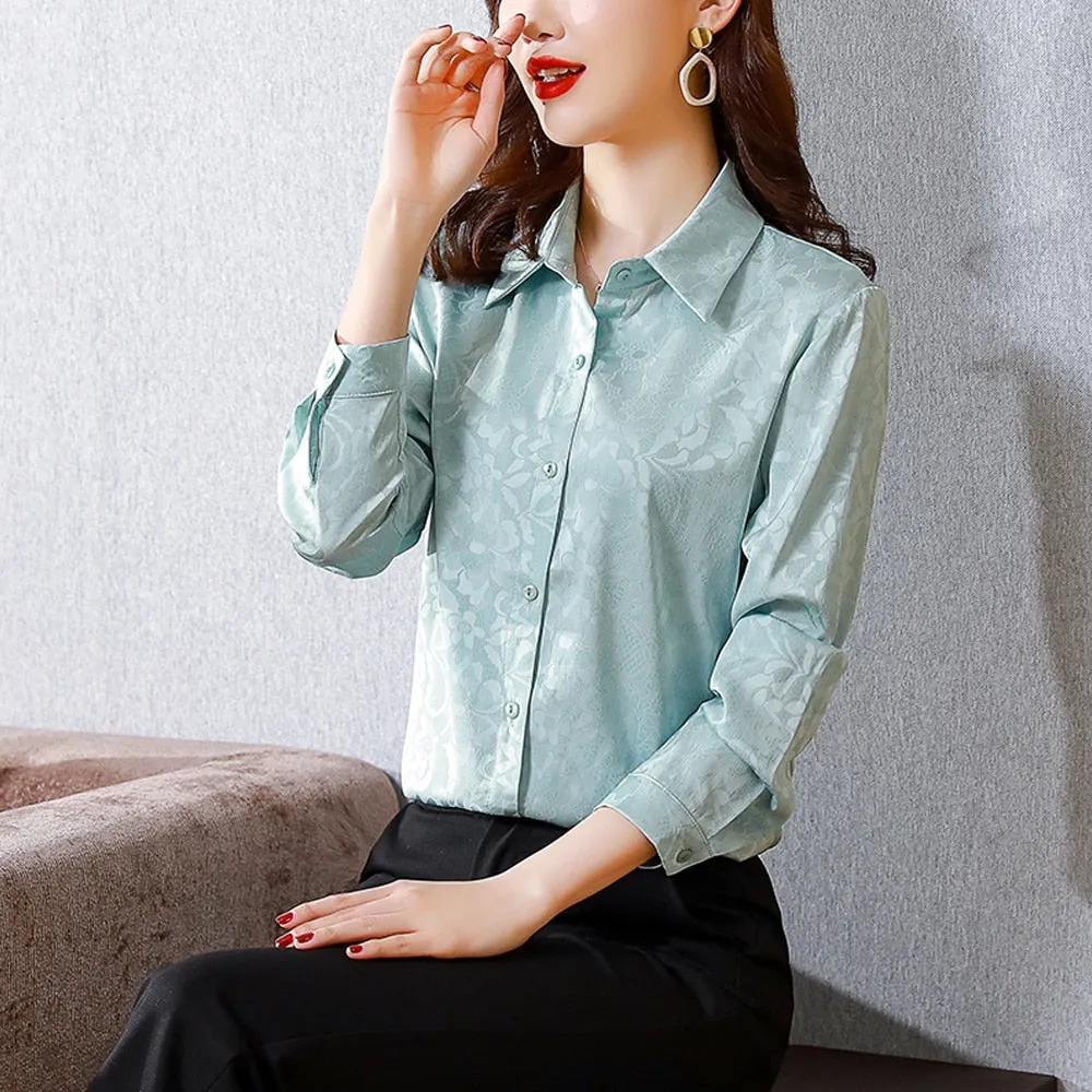 Znbbw Women Shirts And Blouses Fashion Chic Jacquard Blouse Elegant Office Lady OL Soft Draped Satin Shirt Casual Basic Tops Women - Image 2