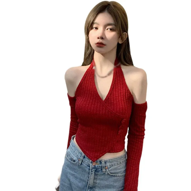 Znbbw Women's Solid Color Off The Shoulder Crop Top Slim Fit Sexy Base Shirt Long Sleeve Sexy Casual T Shirt - Image 3