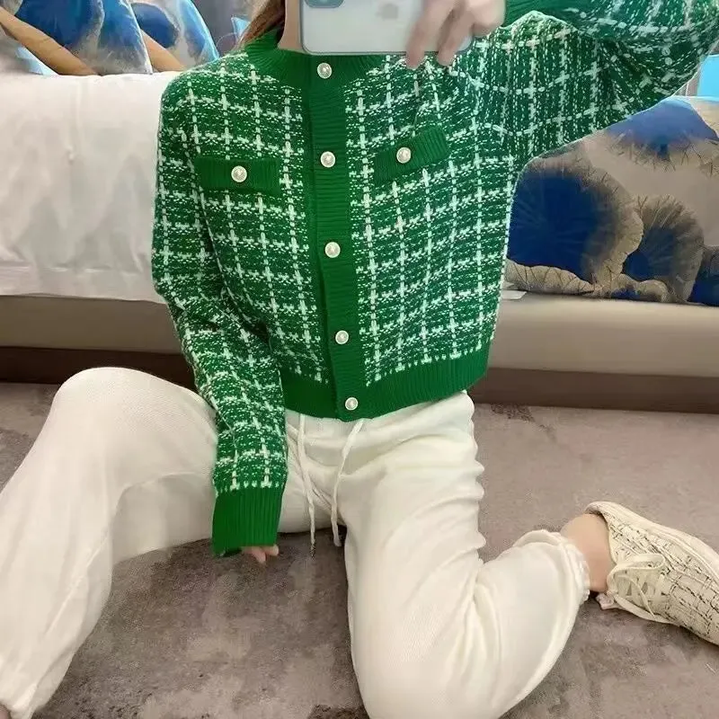 Znbbw Autumn Sweater Women Knitted Cardigan New Year 2024 Spring and Autumn Checker Red Small Fragrant Coat O Neck Sweater - Image 9