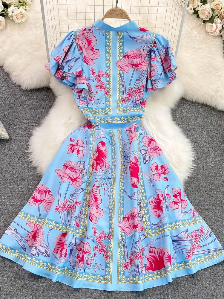 Znbbw Summer Dresses for Women 2023 Fashion Runway Stand Collar Ruffles Short Sleeve Floral Print Office Lady Vestidos N5686 - Image 2