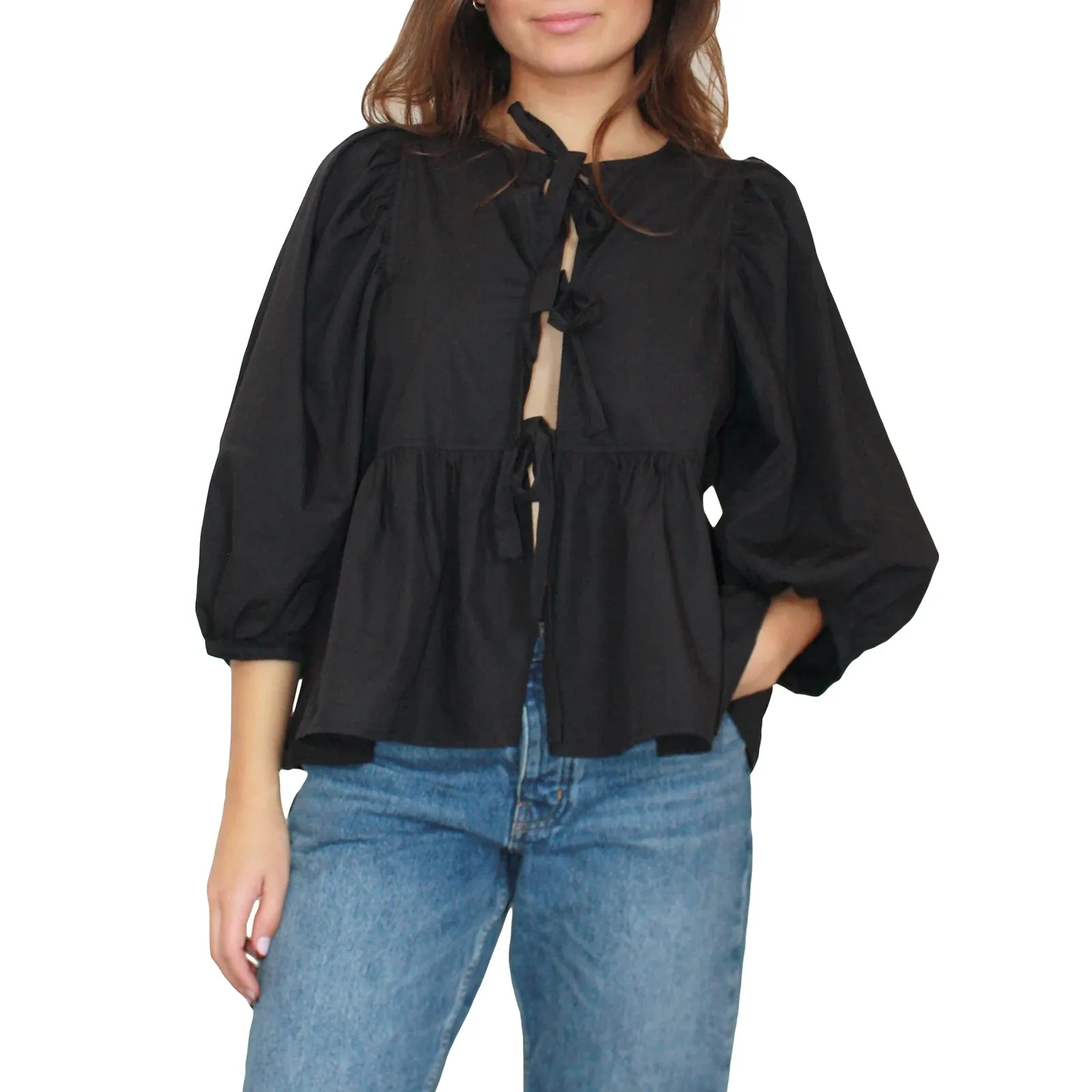 Znbbw Women y2k Puff Short Sleeve Shirts Tie Front Ruffle Hem Loose Office Blouse Tops Teen Girls Lace up Cute Summer Kawaii Tops - Image 9