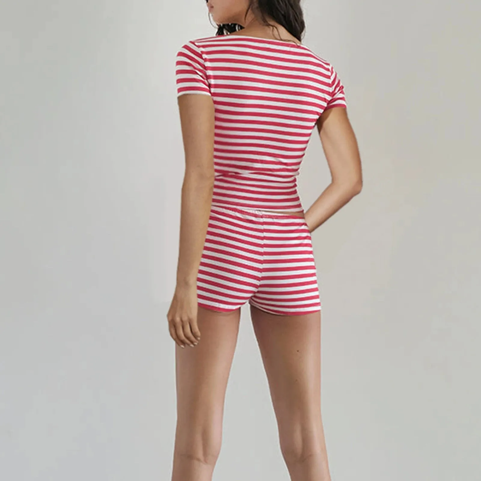 Znbbw Women Summer 2000s Aesthetic 2 Piece Casual Outfits Short Sleeve Striped Print T-shirts Tops+Low Waist Shorts Clothes Streetwear - Image 3