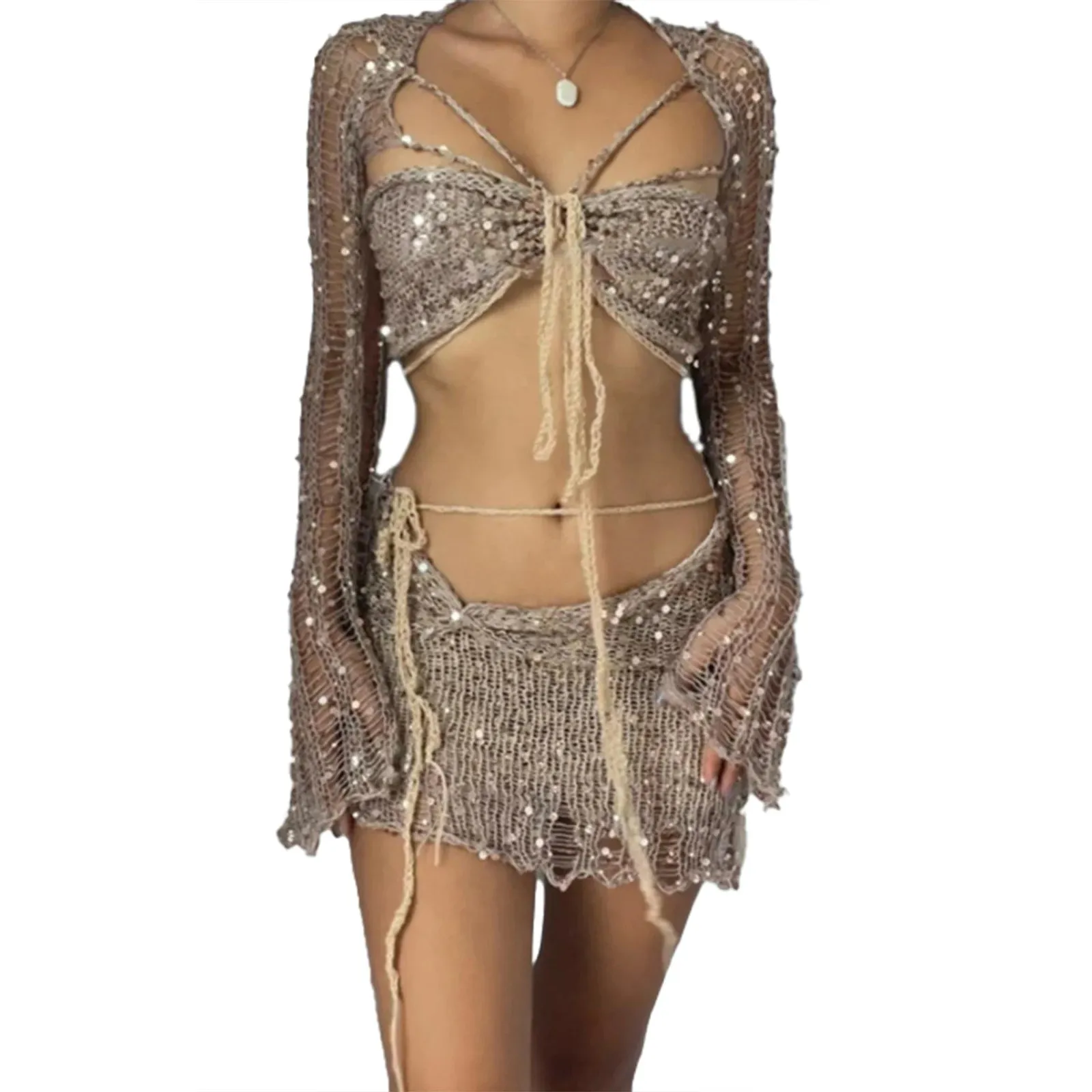 Znbbw Women Sequins Crochet Knit 2 Piece Skirts Sets Hollow Out Knitted Crop Tops Bodycon Mini Skirt Set Beach Vacation Outfits - Image 9