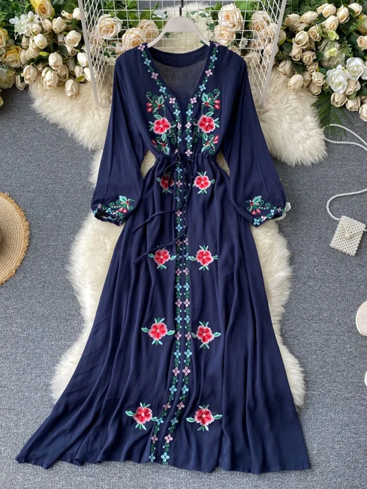 Znbbw Women's Dress Travel Photography Holiday Long Dress 2023 New Retro Ethnic Style Embroidered V-neck Lantern Sleeve Dress Y1034 - Image 3