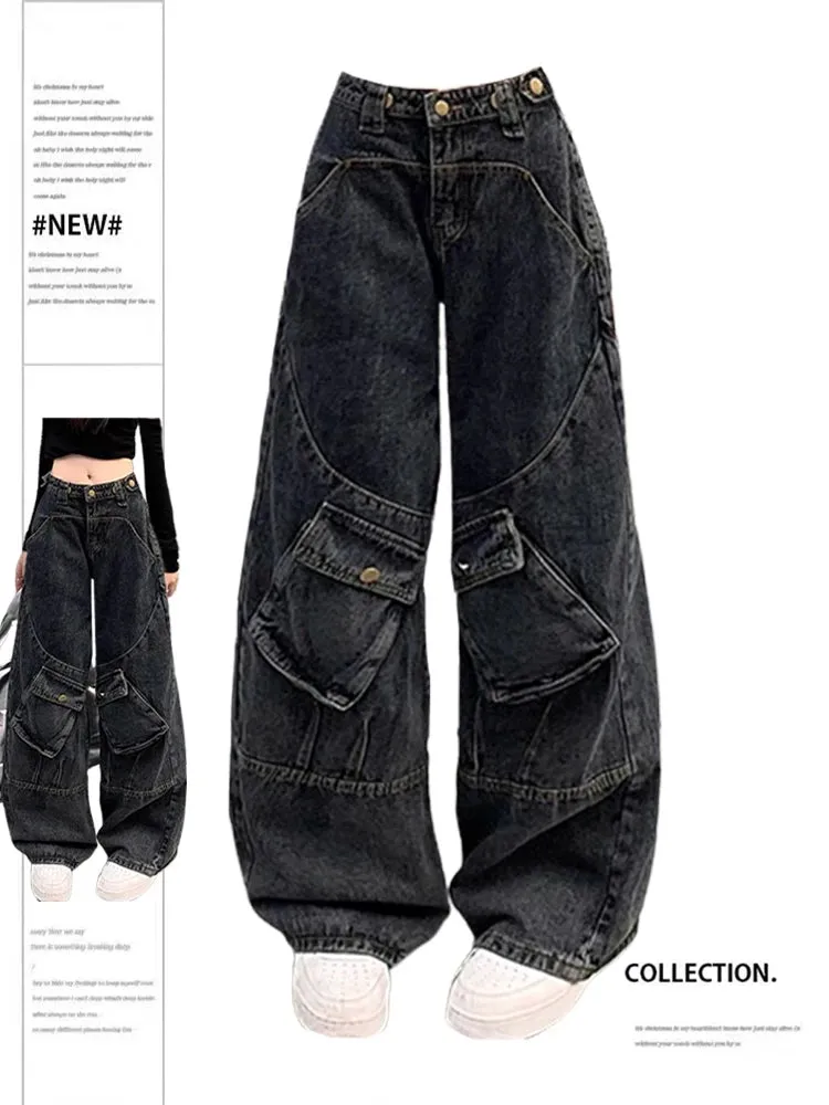 Znbbw Women's Dark Blue Baggy Cargo Jeans Vintage Korean Y2k Denim Trousers Harajuku 90s High Waist Cowboy Pants 2000s Trashy Clothes