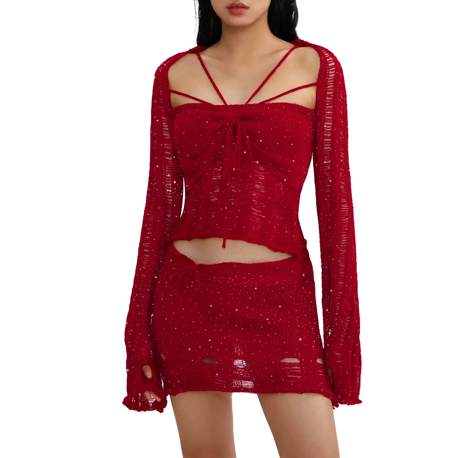 Znbbw Women Sequins Crochet Knit 2 Piece Skirts Sets Hollow Out Knitted Crop Tops Bodycon Mini Skirt Set Beach Vacation Outfits - Image 10