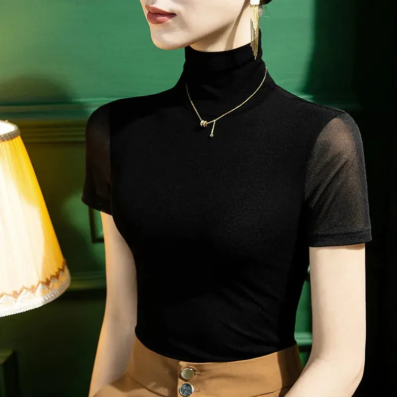Znbbw Autumn Base Mesh Tees Women Half Turtleneck Short Sleeve T Shirts Lady Stretchy Tops Female Basic T-shirt - Image 4